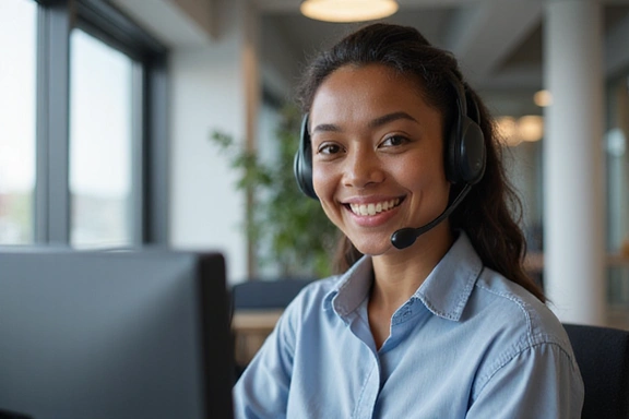 A friendly customer service representative smiling and ready to help