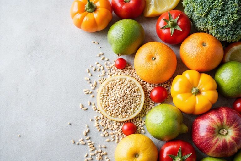 Vibrant, healthy food arrangement including fruits, vegetables, and grains on a clean background, symbolizing balanced nutrition.