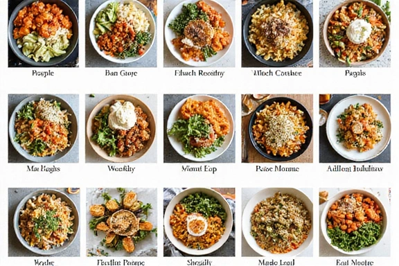Variety of healthy, appealing meals arranged in a weekly plan format.