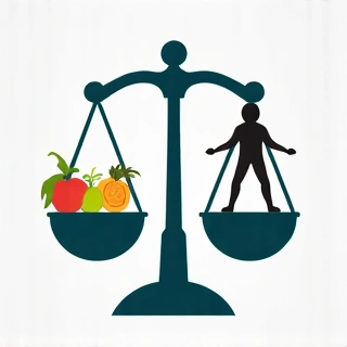 Icono de asesoramiento para pérdida de peso, mostrando una balanza con alimentos saludables y un cuerpo en forma.